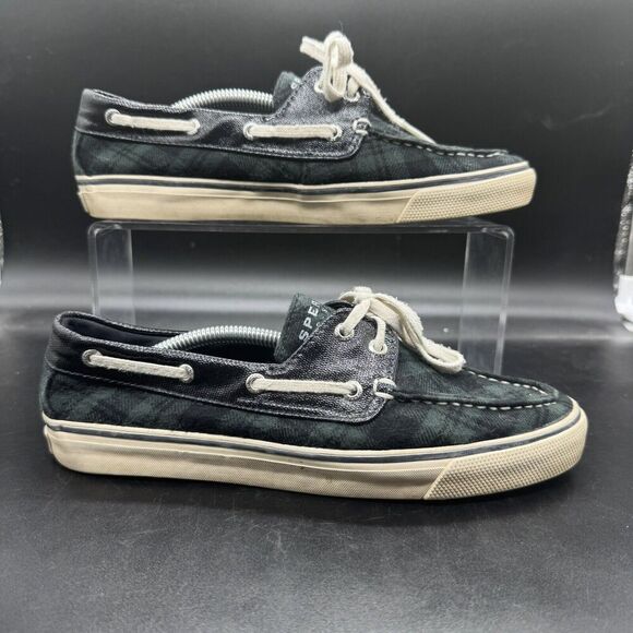 SPERRY Shoes - Sperry TopSider Black Green Plaid Boat Shoes Womens 8M 9777574 Flannel Upper EUC